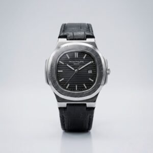 Home pp classic black leather watch with steel bezel